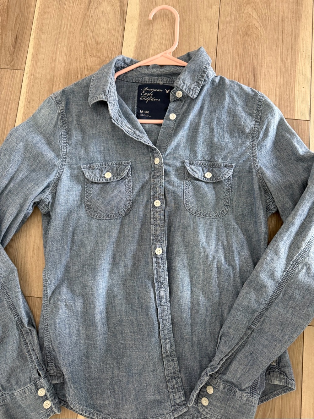 American Eagle Outfitters Denim-Look Button Front Shirt - Blue